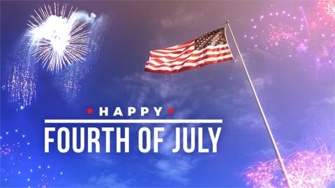 "Happy Fourth of July" with American flag and fireworks