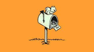 A squirrel sitting on a mailbox with a Thank You letter and gift inside